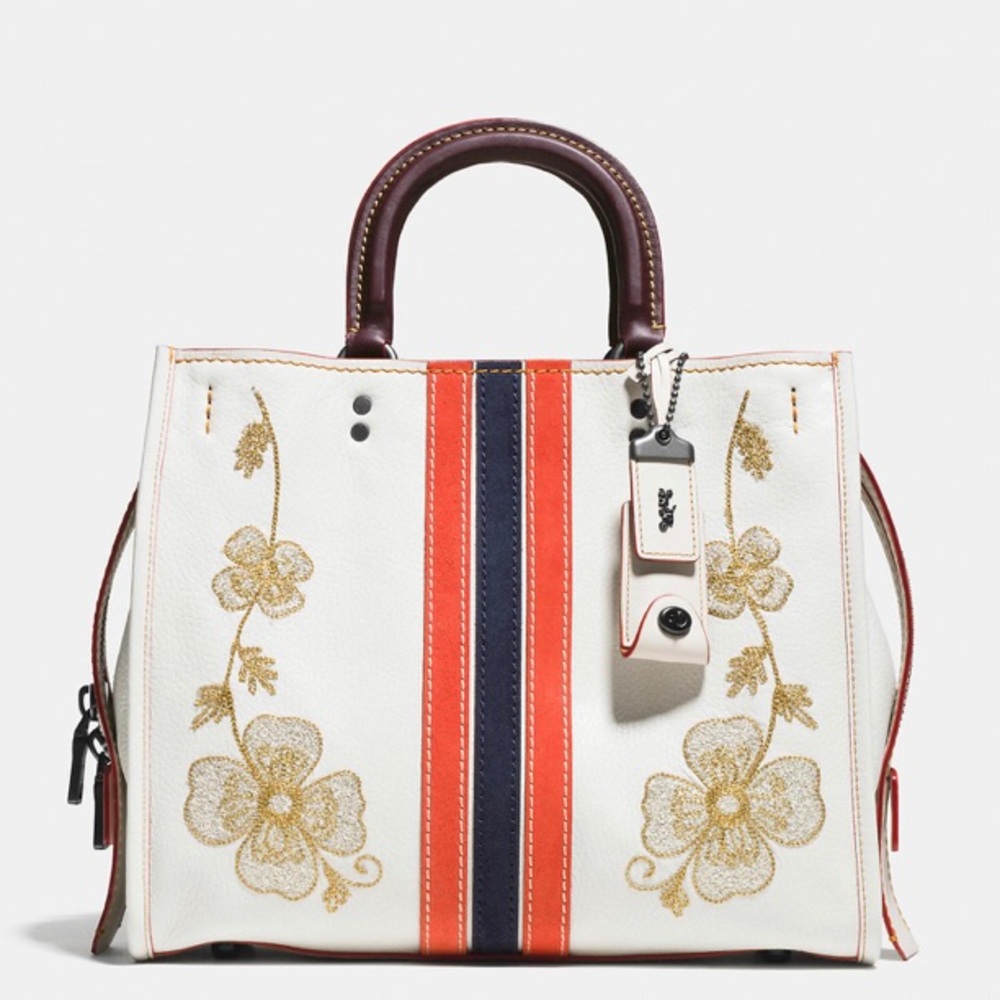 Coach White Satchel with Gold Floral Embroidery and Red-Blue Stripes